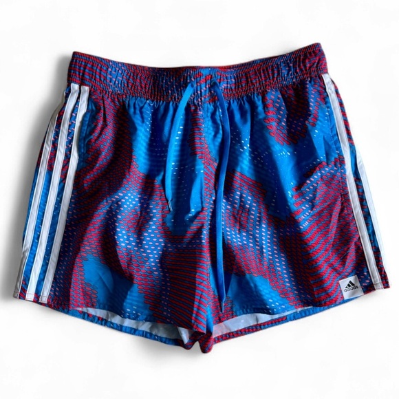 New Adidas 3-Stripe Running Shorts w/ Brief Liner Blue Red Printed Size Small - Picture 1 of 7